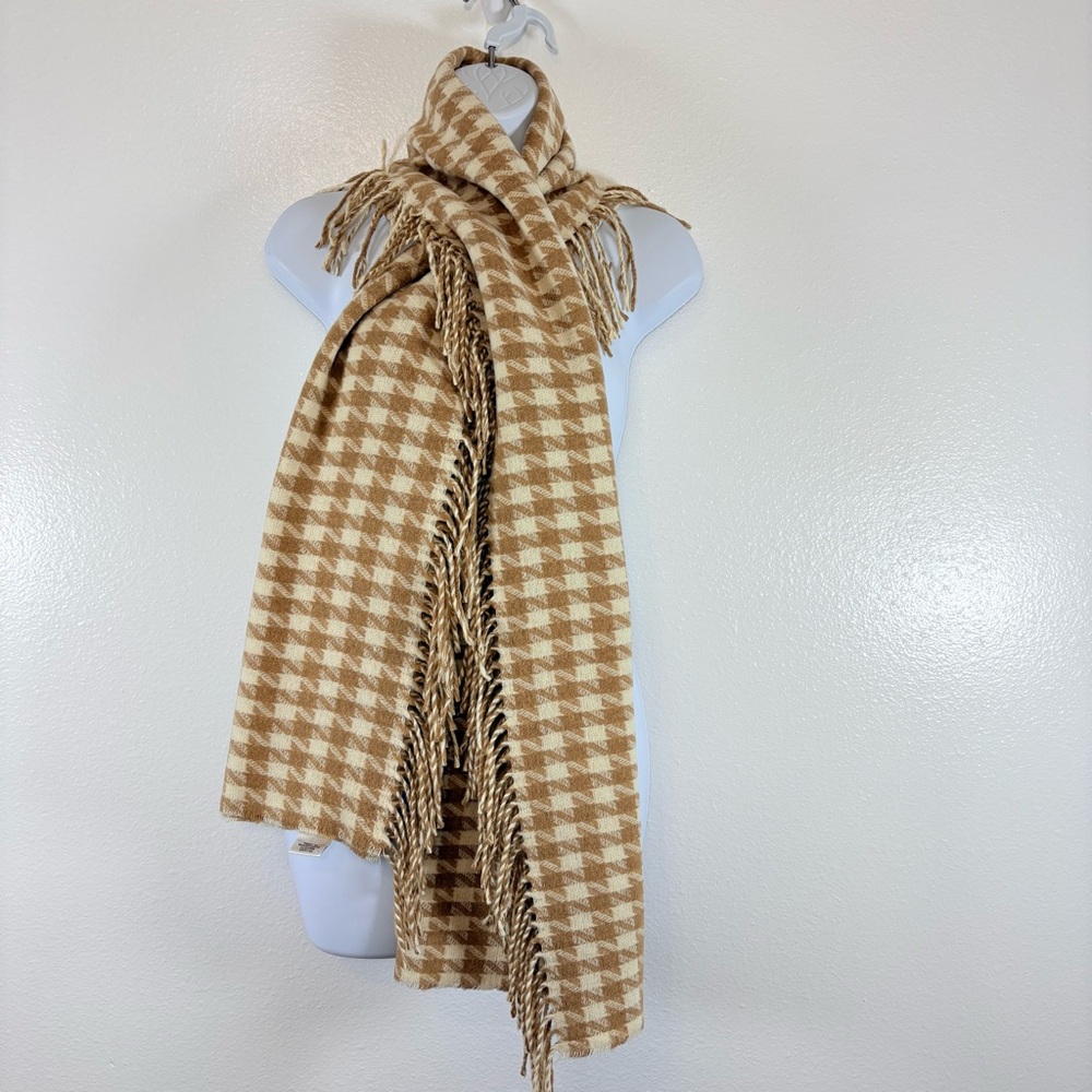 Talbots Made in Italy Houndstooth Wool Blend Fringe Scarf Wrap Preppy Timeless